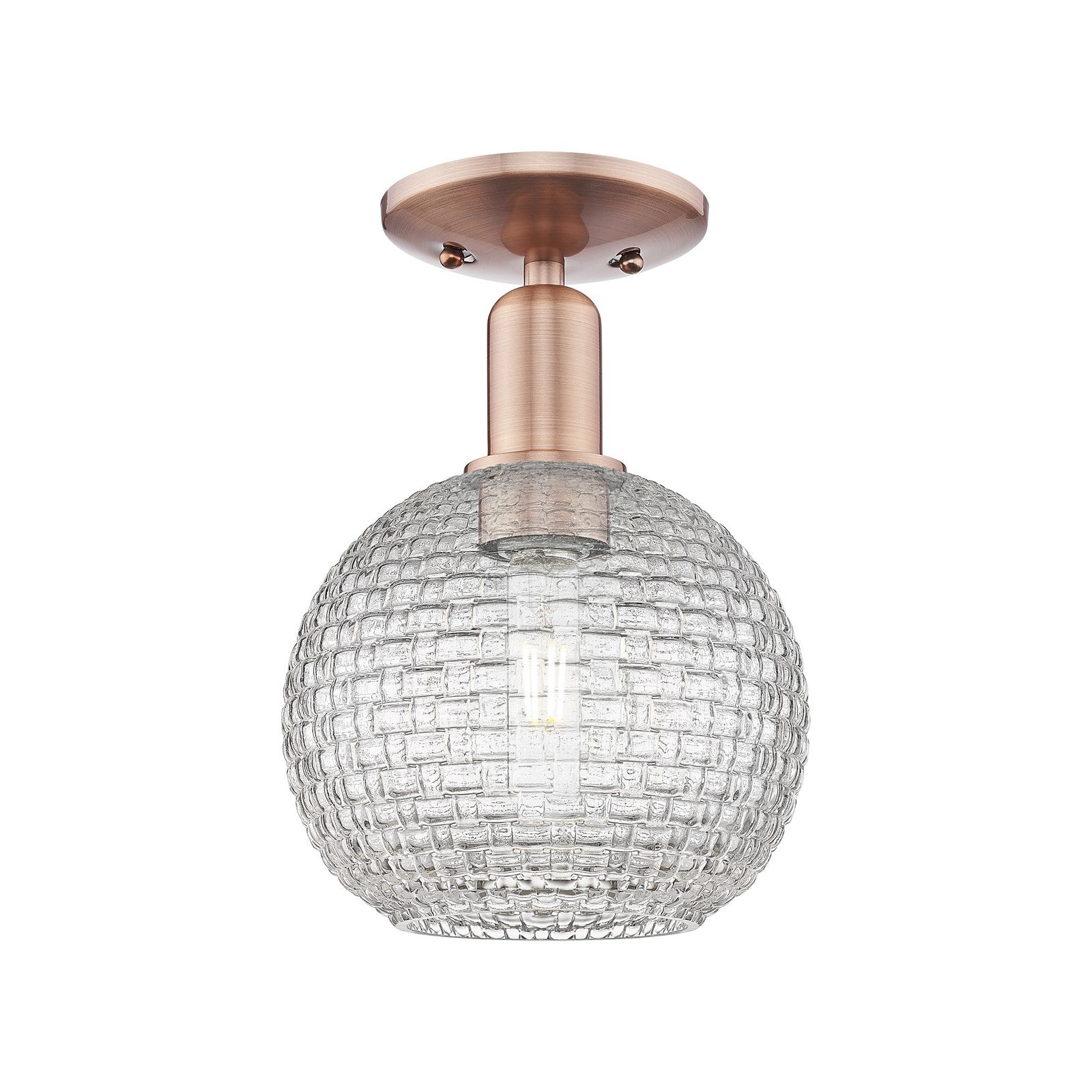 Innovations Athens 8in 1-Light Semi-Flush Mount | Industrial Antique Copper Steel and Clear Basket Weave Glass | Entryway & | Model 716-1C-AC-G122C-8CL