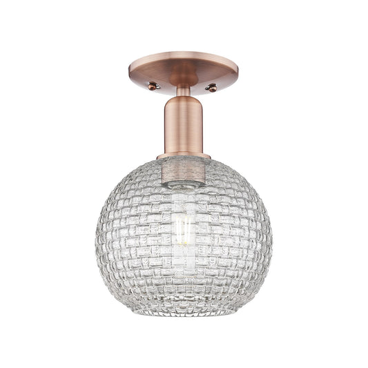 Innovations Athens 8in 1-Light Semi-Flush Mount | Industrial Antique Copper Steel and Clear Basket Weave Glass | Entryway & | Model 716-1C-AC-G122C-8CL