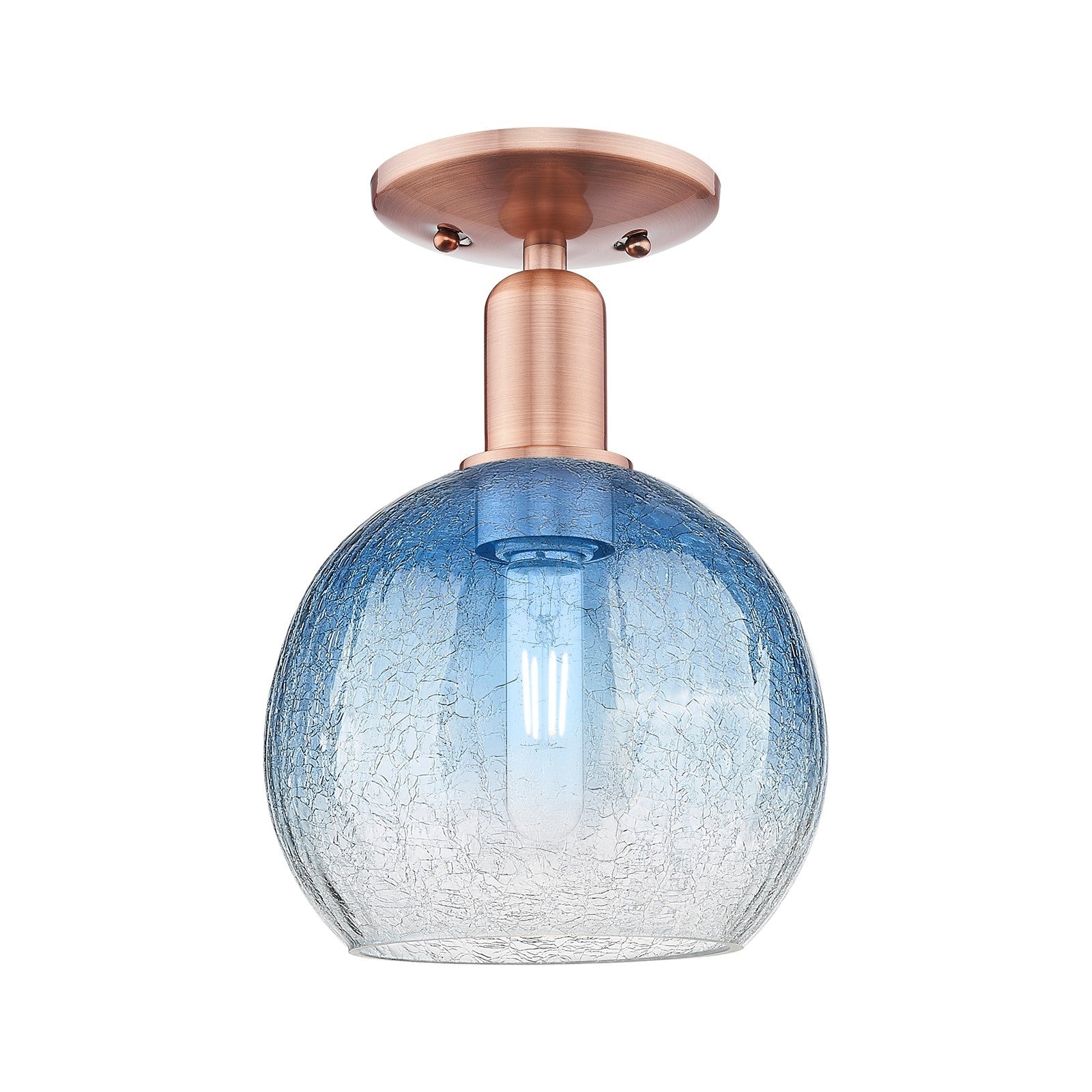 Innovations Brookhaven Globe 8in 1-Light Semi-Flush Mount | Industrial Antique Copper and Sapphire Blue Glass | Entryway & | Model 716-1C-AC-G483-8SB