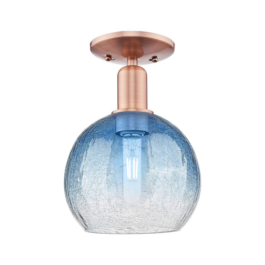 Innovations Brookhaven Globe 8in 1-Light Semi-Flush Mount | Industrial Antique Copper and Sapphire Blue Glass | Entryway & | Model 716-1C-AC-G483-8SB
