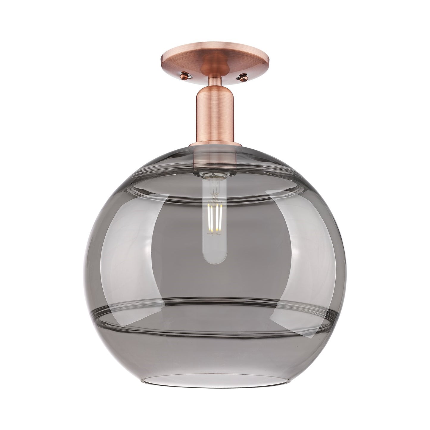Innovations Rochester 12in 1-Light Semi-Flush Mount | Industrial Antique Copper Steel and Light Smoke Glass | Entryway & | Model 716-1C-AC-G556-12SM