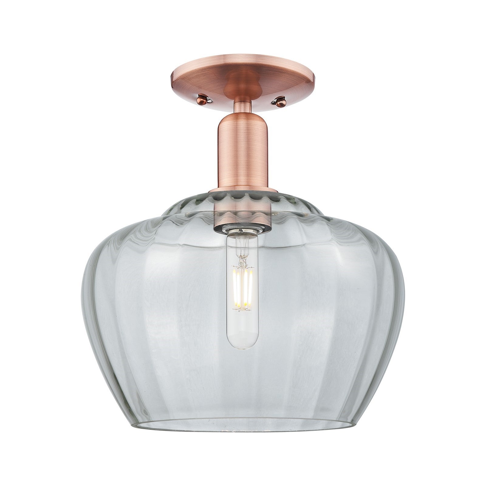 Innovations Fenton 11in 1-Light Semi-Flush Mount | Industrial Antique Copper and Clear Ribbed Glass | Entryway & Hallway | 11 x 11 | Model 716-1C-AC-G92-L