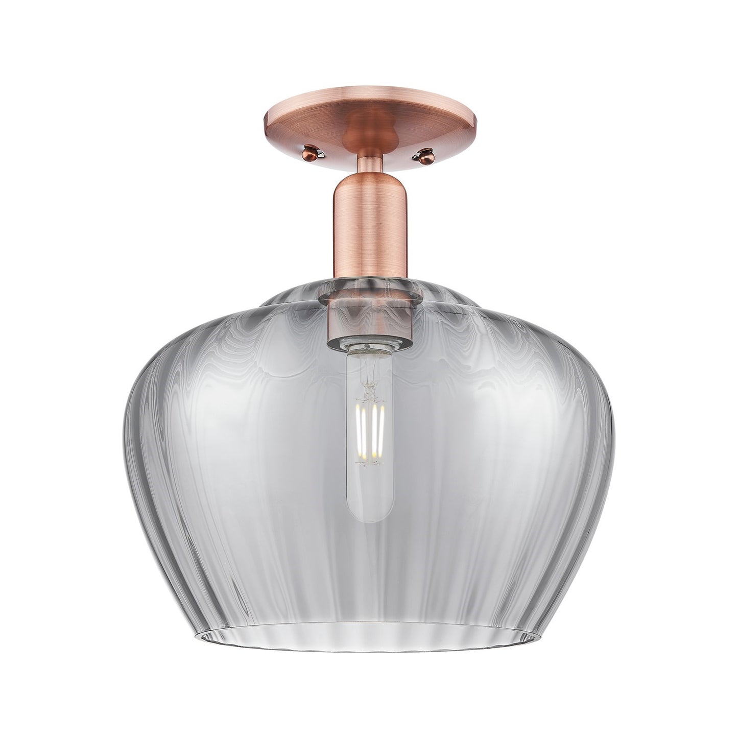 Innovations Fenton 11in 1-Light Semi-Flush Mount | Industrial Antique Copper Steel and Light Smoke Ribbed Glass | Entryway & | Model 716-1C-AC-G93-L