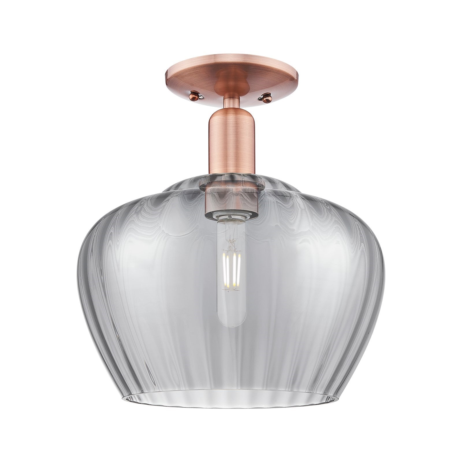 Innovations Fenton 11in 1-Light Semi-Flush Mount | Industrial Antique Copper Steel and Light Smoke Ribbed Glass | Entryway & | Model 716-1C-AC-G93-L
