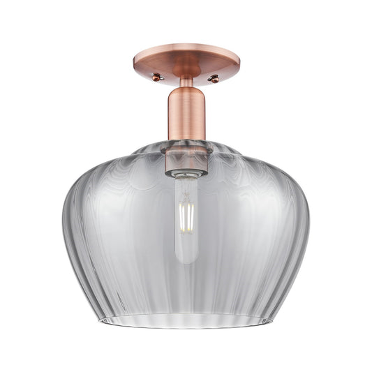 Innovations Fenton 11in 1-Light Semi-Flush Mount | Industrial Antique Copper Steel and Light Smoke Ribbed Glass | Entryway & | Model 716-1C-AC-G93-L