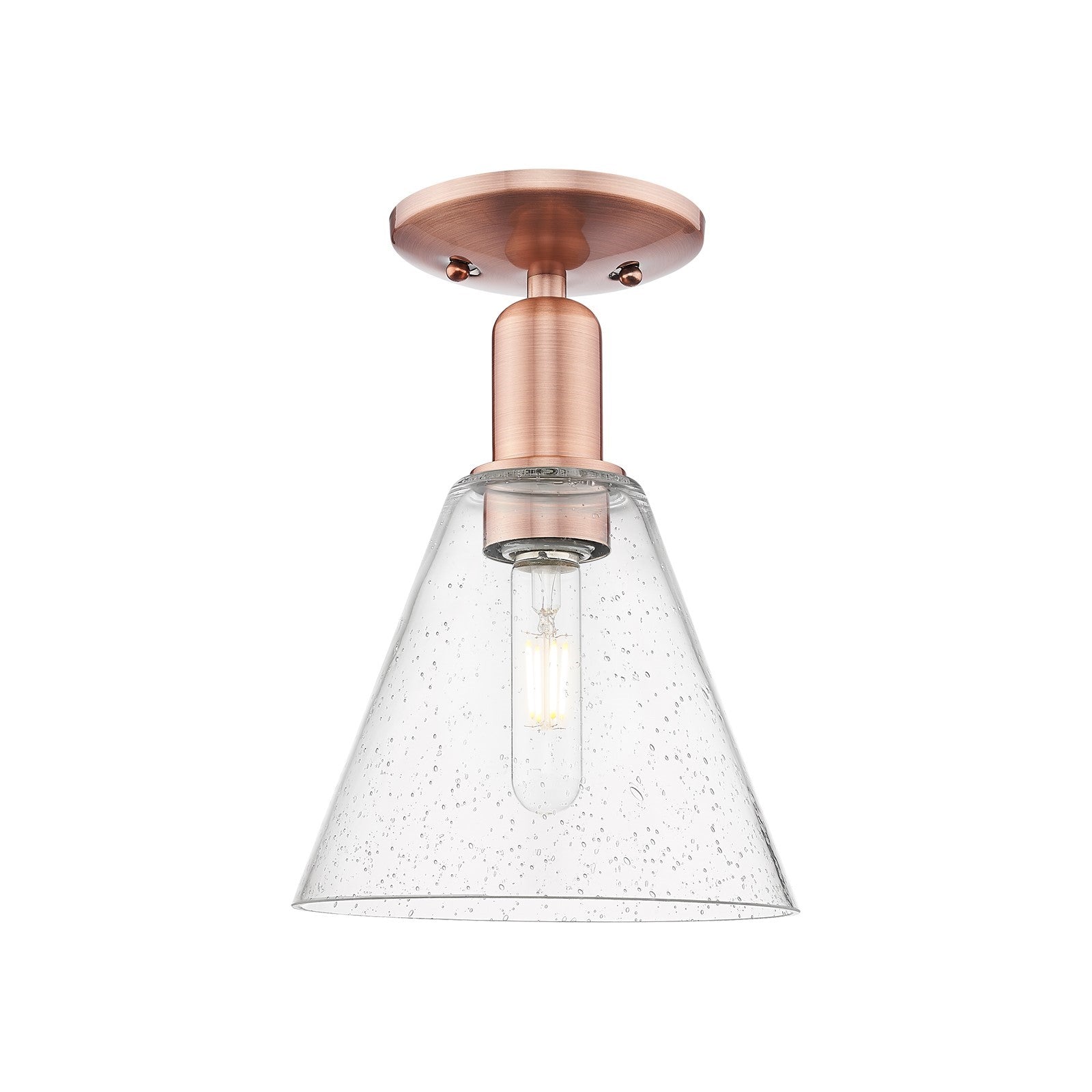 Innovations Berkshire Glass 8in 1-Light Semi-Flush Mount | Industrial Antique Copper Steel and Seedy Glass Cone Shade | Entryway | Model 716-1C-AC-GBC-84