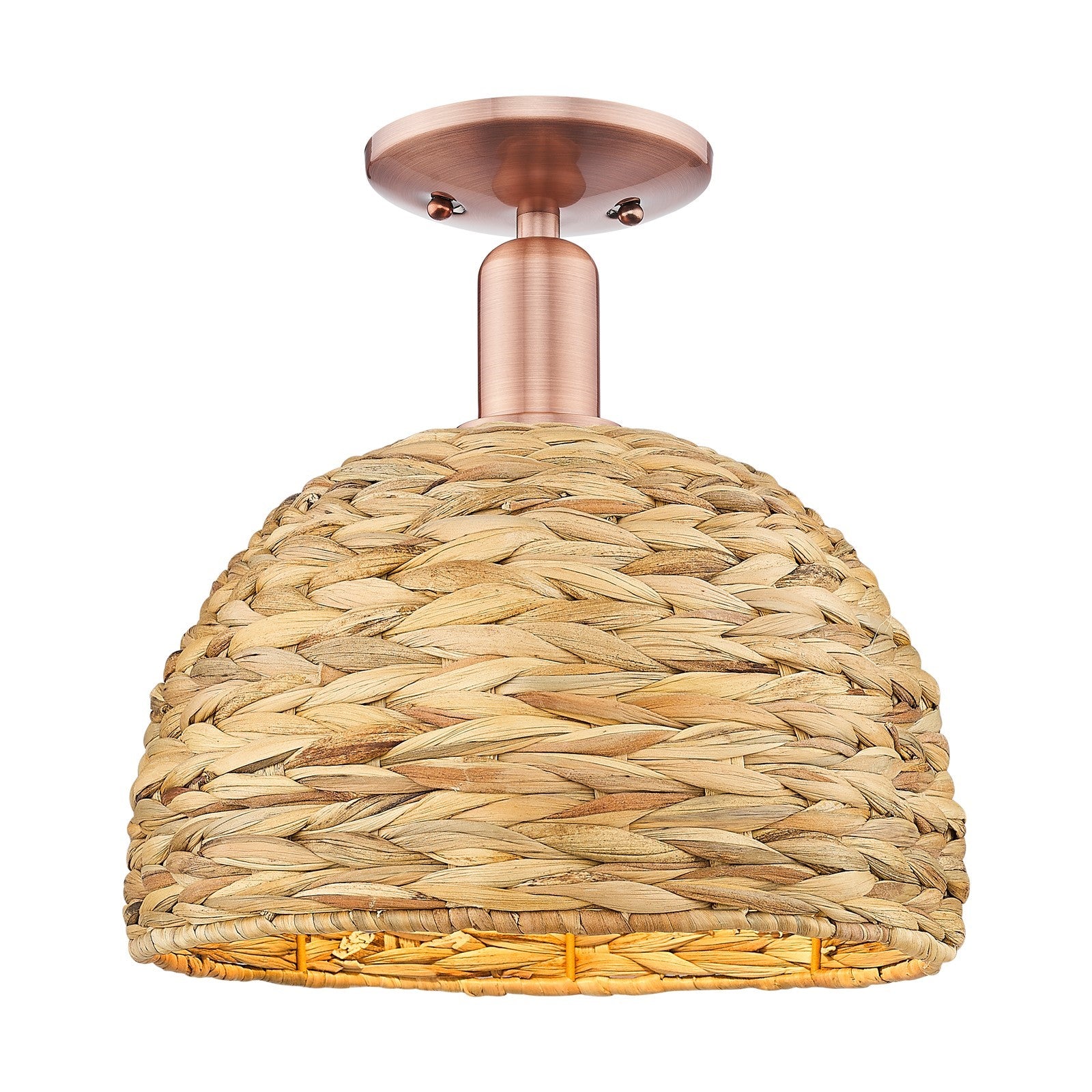 Innovations Woven Rattan 12in 1-Light Semi-Flush Mount | Industrial Antique Copper and Natural Fiber Shade | Entryway & | Model 716-1C-AC-RBD-12-NAT