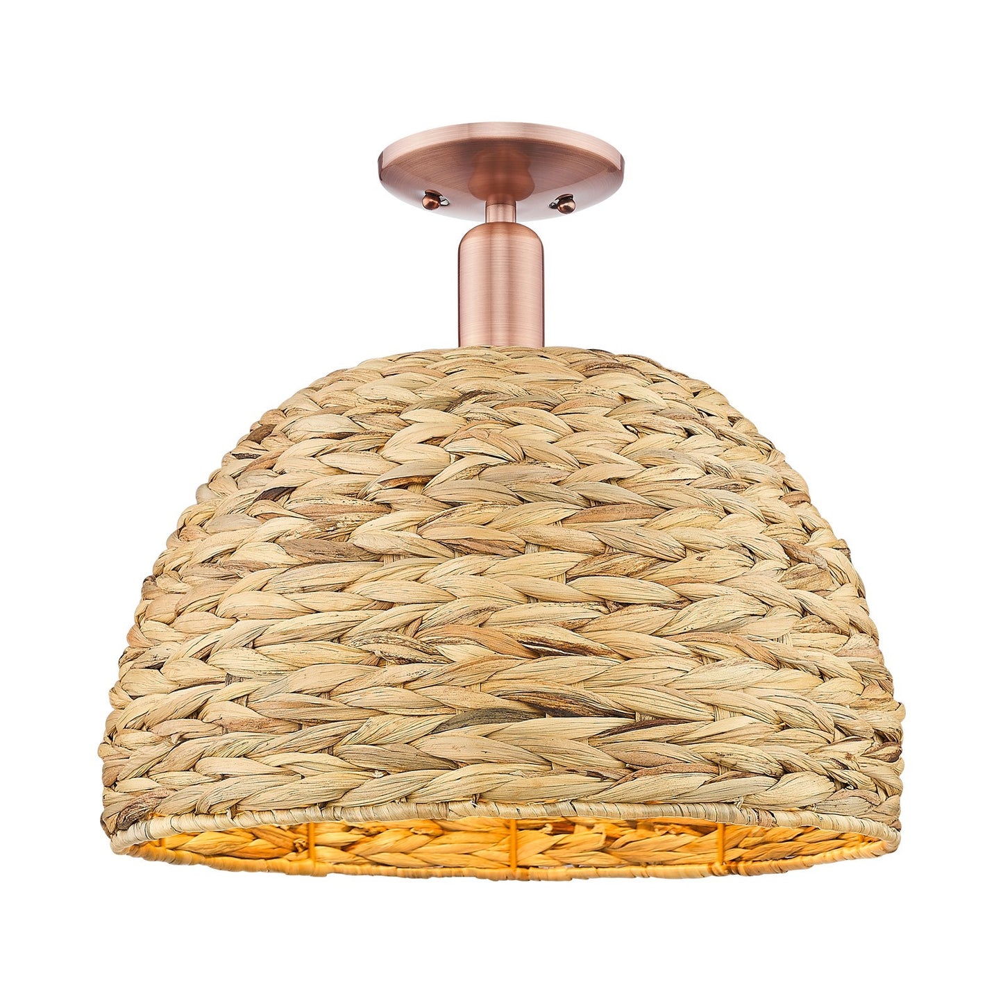Innovations Arcadia 16in 1-Light Semi-Flush Mount | Industrial Antique Copper Steel and Natural Rattan | Damp-Rated Entryway | Model 716-1C-AC-RBD-16-NAT