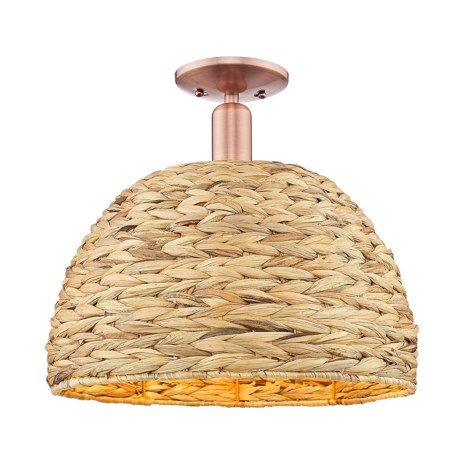 Innovations Arcadia 16in 1-Light Semi-Flush Mount | Industrial Antique Copper Steel and Natural Rattan | Damp-Rated Entryway | Model 716-1C-AC-RBD-16-NAT
