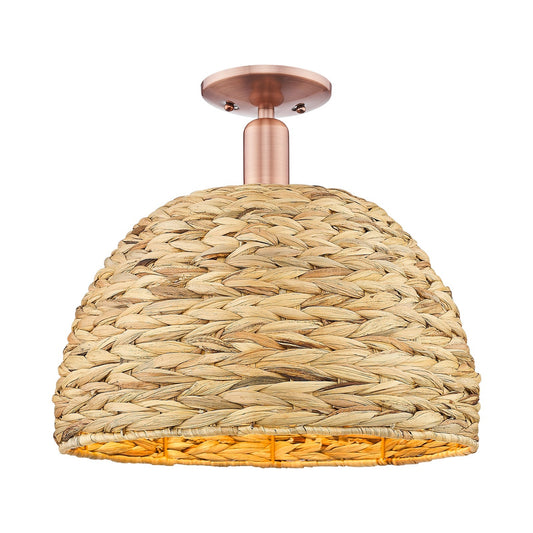 Innovations Arcadia 16in 1-Light Semi-Flush Mount | Industrial Antique Copper Steel and Natural Rattan | Damp-Rated Entryway | Model 716-1C-AC-RBD-16-NAT