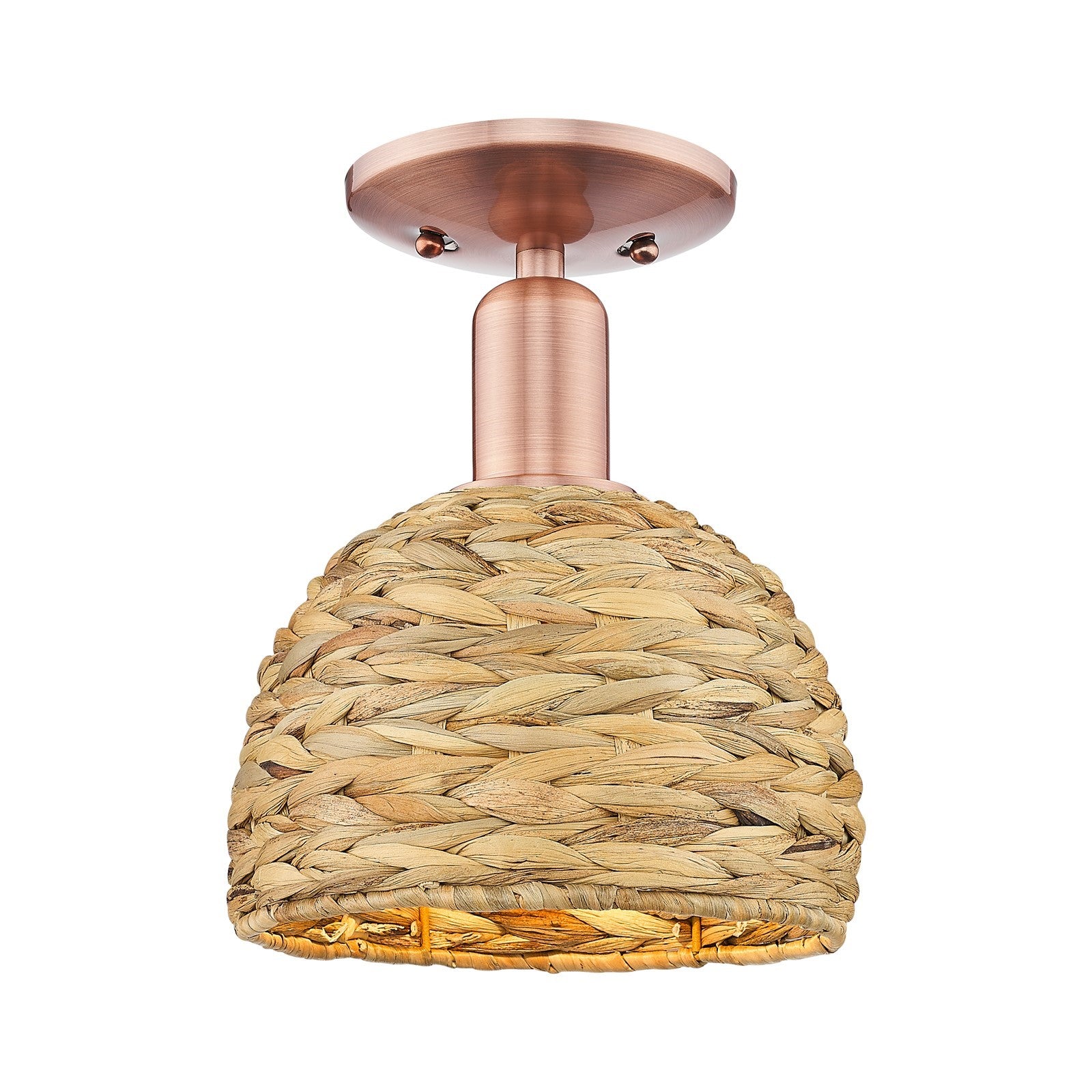 Innovations Arcadia 8in 1-Light Semi-Flush Mount | Rustic Antique Copper Steel and Natural Woven Rattan | Entryway & Hallway | Model 716-1C-AC-RBD-8-NAT
