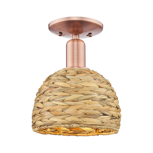 Innovations Arcadia 8in 1-Light Semi-Flush Mount | Rustic Antique Copper Steel and Natural Woven Rattan | Entryway & Hallway | Model 716-1C-AC-RBD-8-NAT