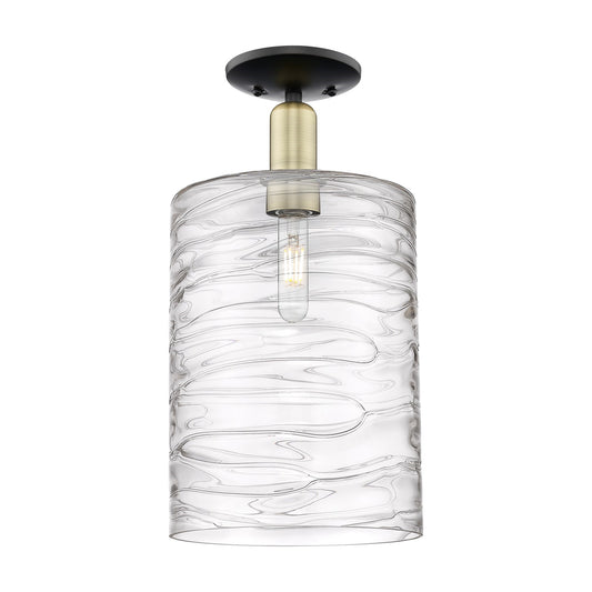 Innovations Cobbleskill 9in 1-Light Semi-Flush Mount | Industrial Black Antique Brass Steel and Deco Swirl Clear Glass | Model 716-1C-BAB-G1113-L