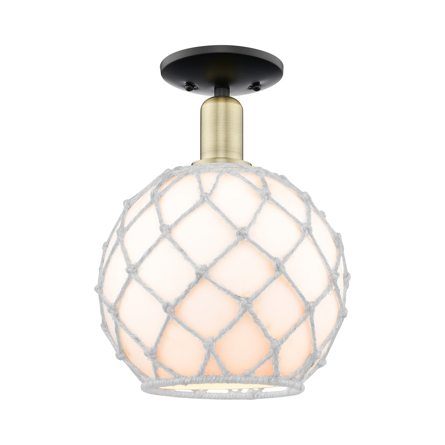 Innovations Farmhouse Rope 10in 1-Light Semi-Flush Mount | Industrial Black Antique Brass and White Glass with Rope Shade | Model 716-1C-BAB-G121-10RW