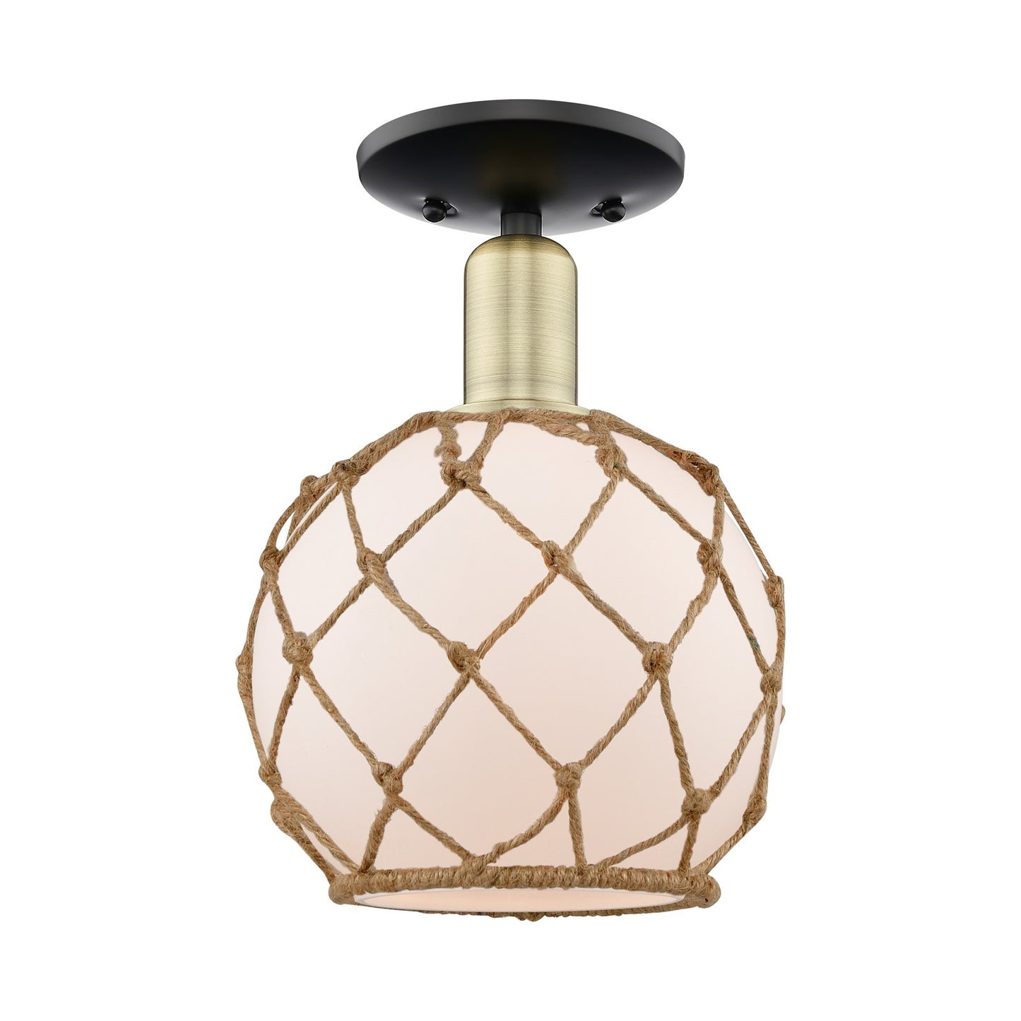 Innovations Farmhouse Rope 8in 1-Light Semi-Flush Mount | Industrial Black Antique Brass Steel and White Glass with Brown Rope | Model 716-1C-BAB-G121-8RB