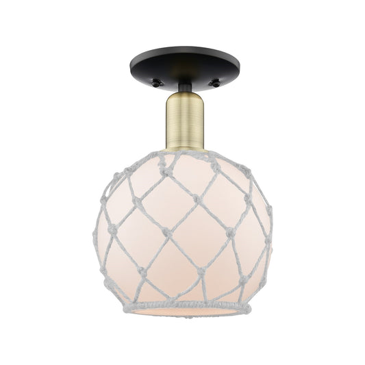 Innovations Farmhouse Rope 8in 1-Light Semi-Flush Mount | Industrial Black Antique Brass and White Frosted Glass Rope Shade | Model 716-1C-BAB-G121-8RW