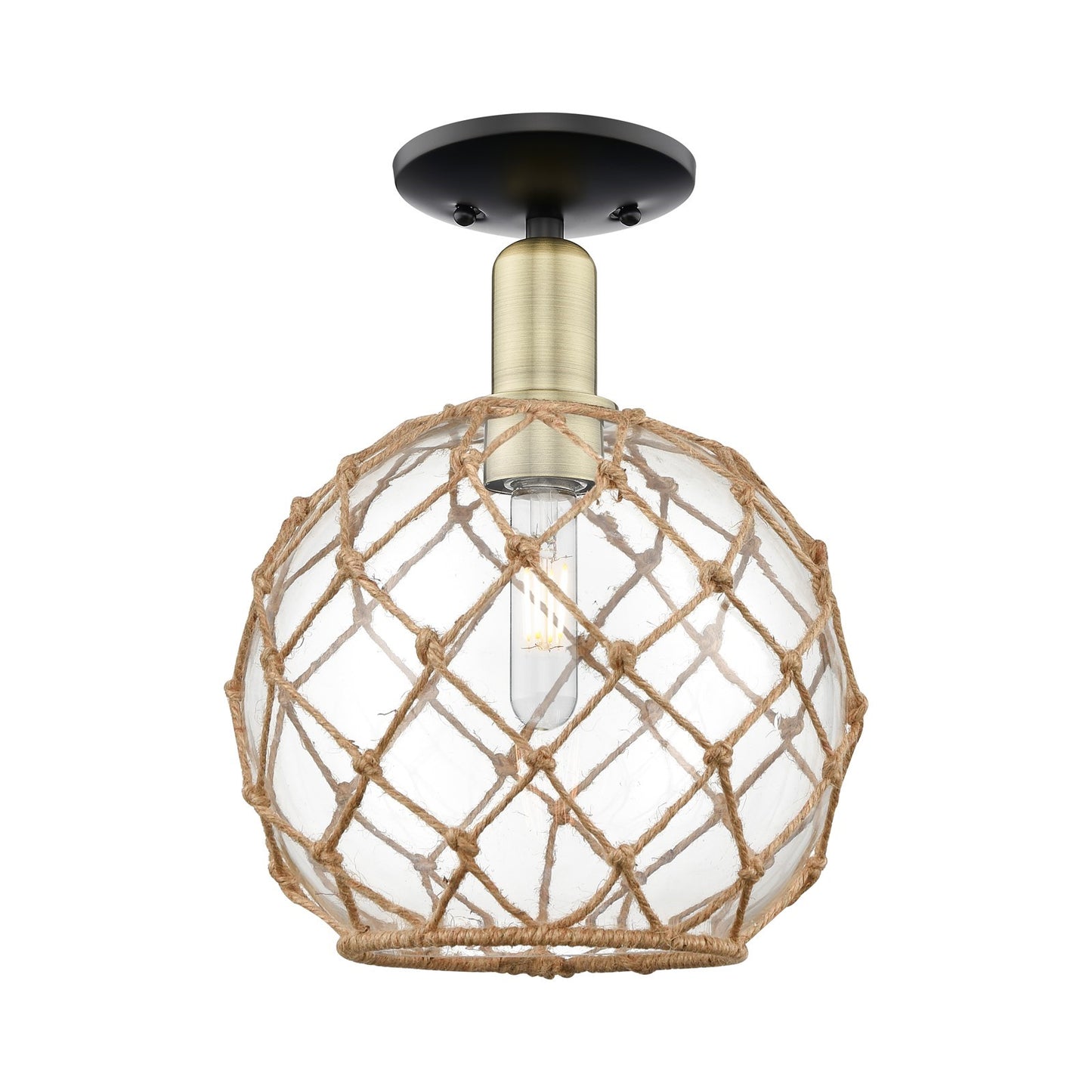 Innovations Farmhouse Rope 10in 1-Light Semi-Flush Mount | Industrial Black Antique Brass Steel and Clear Glass with Brown | Model 716-1C-BAB-G122-10RB