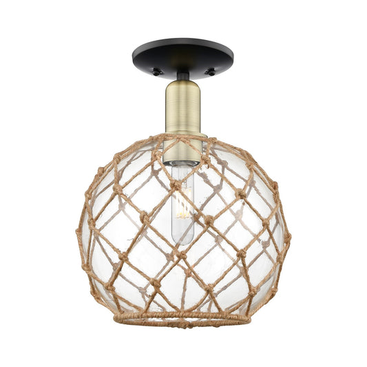 Innovations Farmhouse Rope 10in 1-Light Semi-Flush Mount | Industrial Black Antique Brass Steel and Clear Glass with Brown | Model 716-1C-BAB-G122-10RB