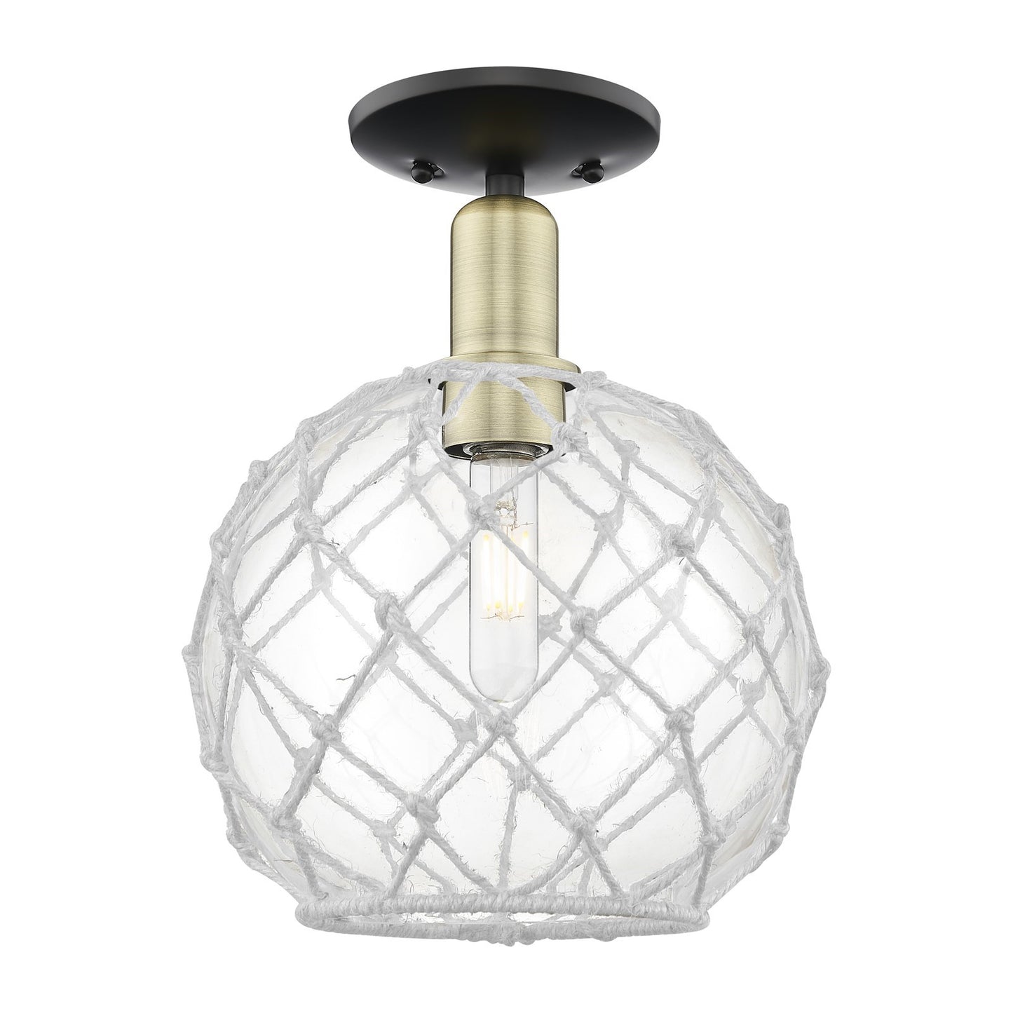 Innovations Farmhouse Rope 10in 1-Light Semi-Flush Mount | Industrial Black Antique Brass and Clear Glass White Rope | Model 716-1C-BAB-G122-10RW
