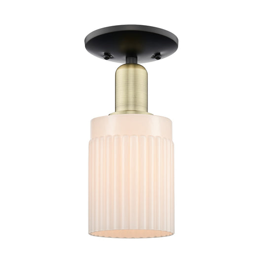 Innovations Hadley 1-Light 4.5in Semi-Flush Mount | Industrial Black Antique Brass and Matte White Ribbed Glass | Entryway & | Model 716-1C-BAB-G341