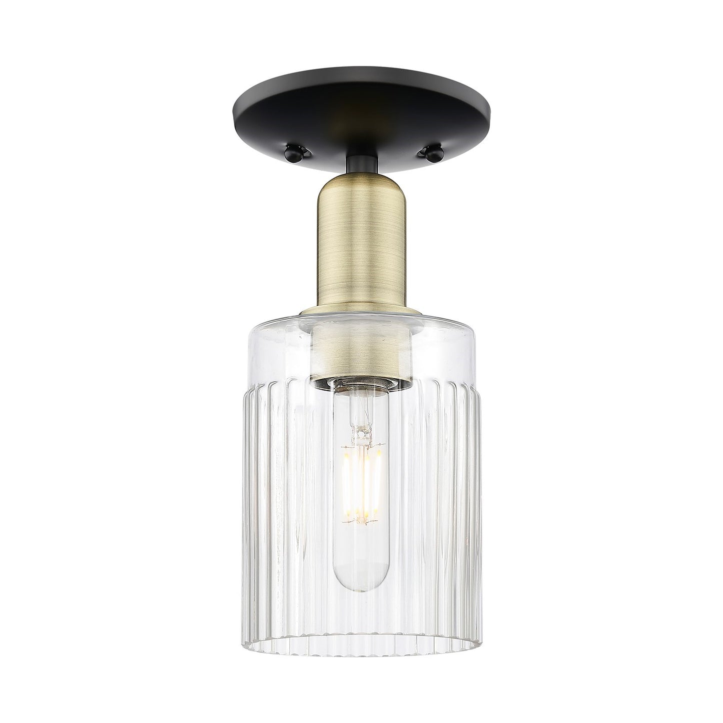 Innovations Hadley 1-Light 4.5in Semi-Flush Mount | Industrial Black Antique Brass Steel and Clear Ribbed Glass | Kitchen & | Model 716-1C-BAB-G342