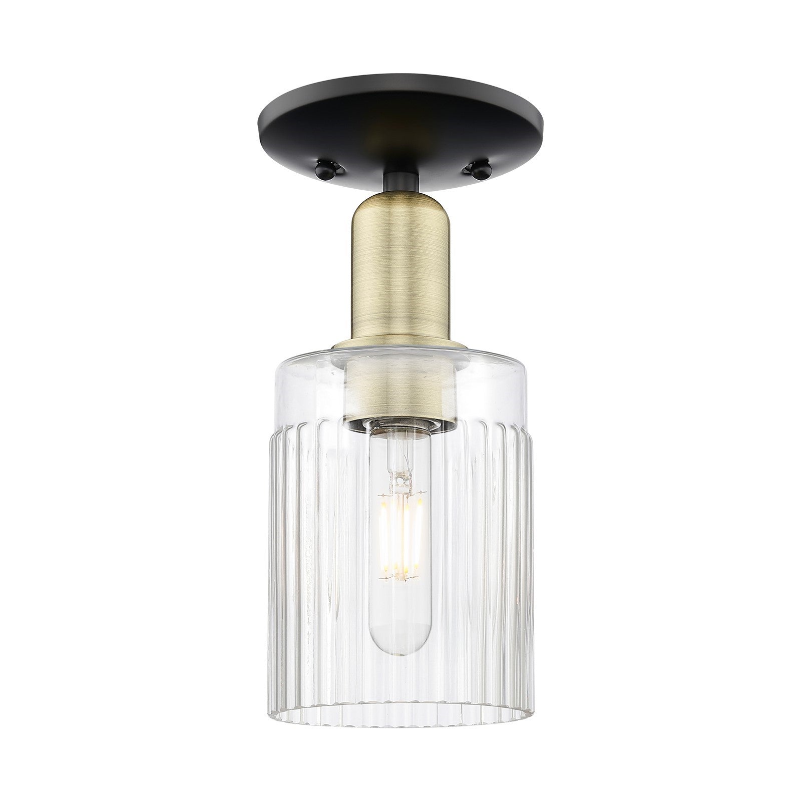 Innovations Hadley 1-Light 4.5in Semi-Flush Mount | Industrial Black Antique Brass Steel and Clear Ribbed Glass | Kitchen & | Model 716-1C-BAB-G342