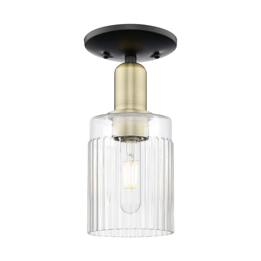 Innovations Hadley 1-Light 4.5in Semi-Flush Mount | Industrial Black Antique Brass Steel and Clear Ribbed Glass | Kitchen & | Model 716-1C-BAB-G342