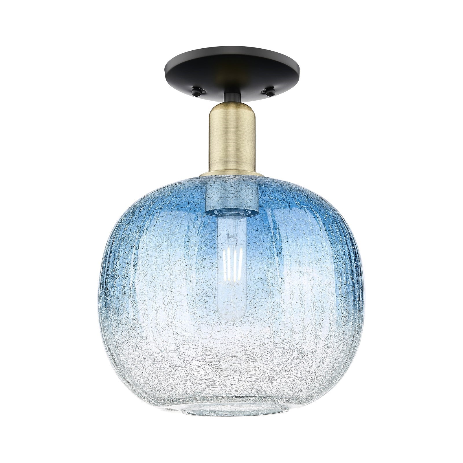 Innovations Brookhaven Sphere 10.5in 1-Light Semi-Flush Mount | Industrial Black Antique Brass Steel and Sapphire Blue Glass | Model 716-1C-BAB-G481-10SB