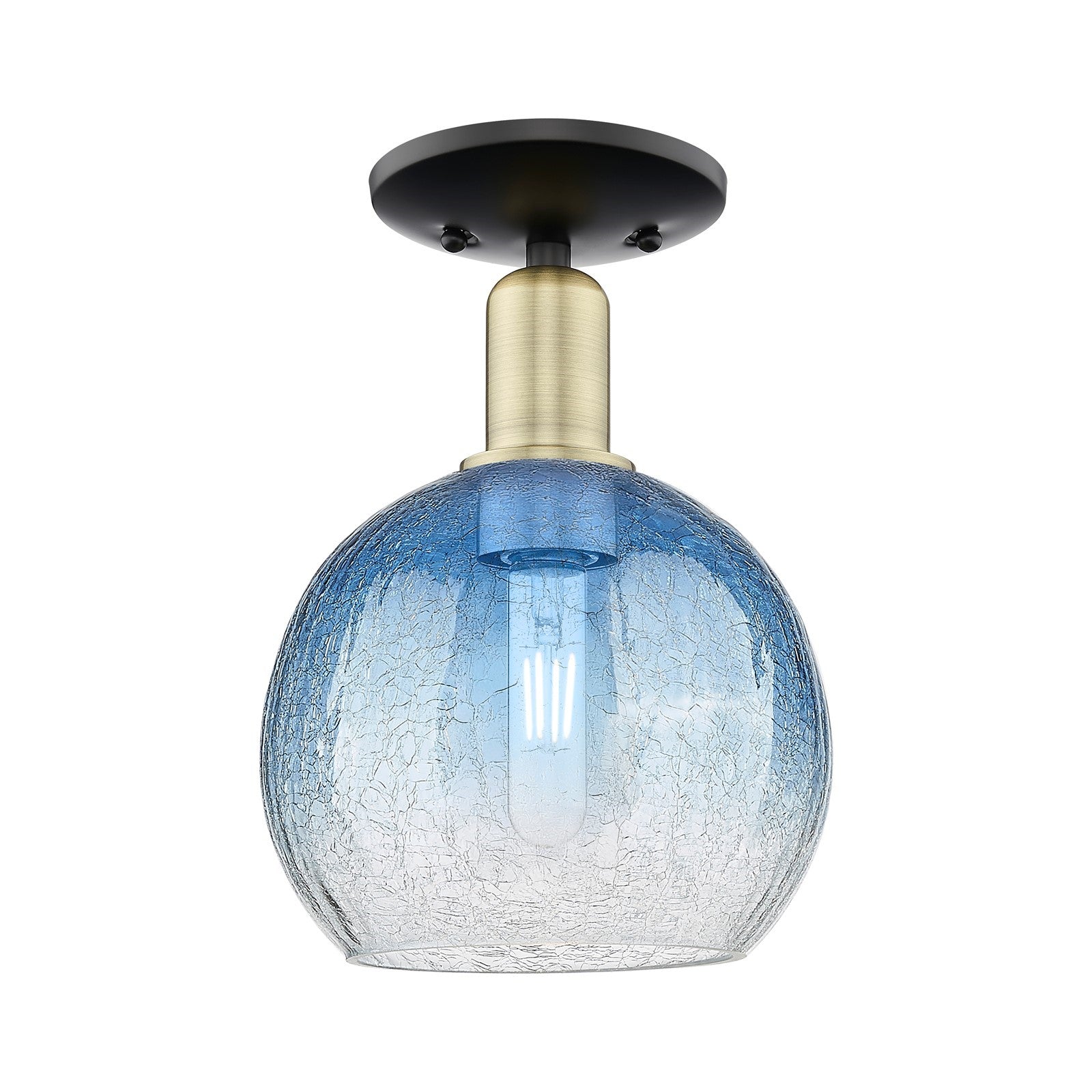Innovations Brookhaven Globe 8in 1-Light Semi-Flush Mount | Industrial Black Antique Brass and Sapphire Blue Glass | Entryway | Model 716-1C-BAB-G483-8SB