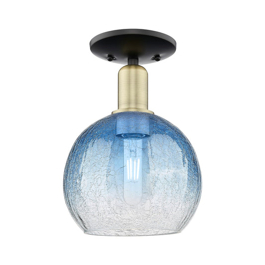 Innovations Brookhaven Globe 8in 1-Light Semi-Flush Mount | Industrial Black Antique Brass and Sapphire Blue Glass | Entryway | Model 716-1C-BAB-G483-8SB