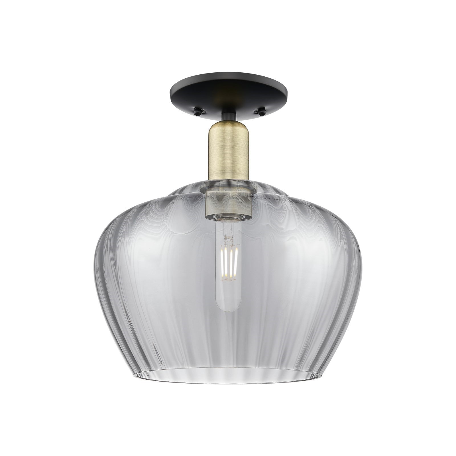 Innovations Fenton 11in 1-Light Semi-Flush Mount | Industrial Black Antique Brass and Light Smoke Ribbed Glass | Damp-Rated | Model 716-1C-BAB-G93-L