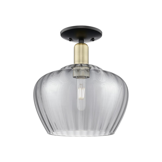 Innovations Fenton 11in 1-Light Semi-Flush Mount | Industrial Black Antique Brass and Light Smoke Ribbed Glass | Damp-Rated | Model 716-1C-BAB-G93-L