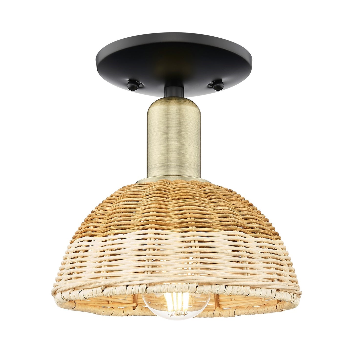 Innovations Natural Ballston Dome 7.5in 1-Light Semi-Flush Mount | Farmhouse Black Antique Brass Steel and Natural Fiber | Model 716-1C-BAB-NBD2-75-NAT