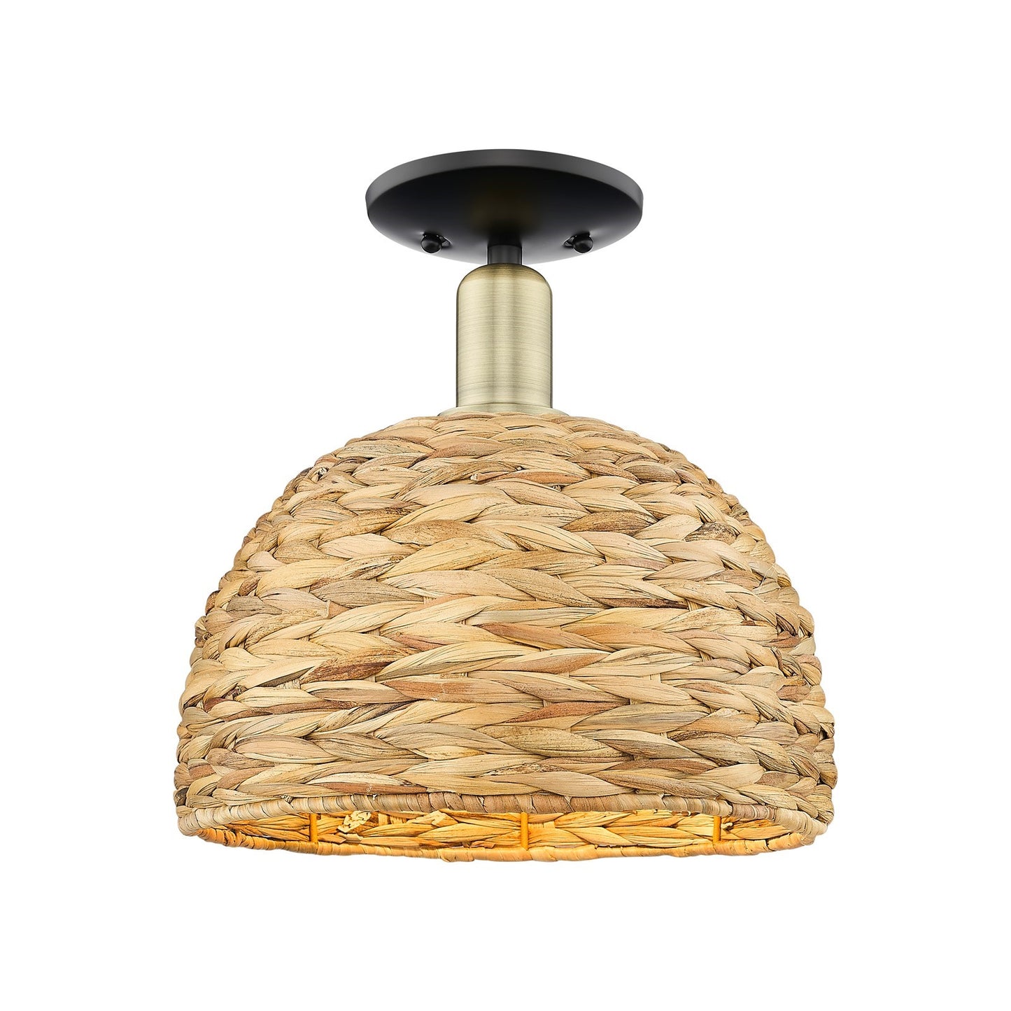 Innovations Woven Rattan 12in 1-Light Semi-Flush Mount | Industrial Black Antique Brass and Natural Rattan Shade | Entryway | Model 716-1C-BAB-RBD-12-NAT