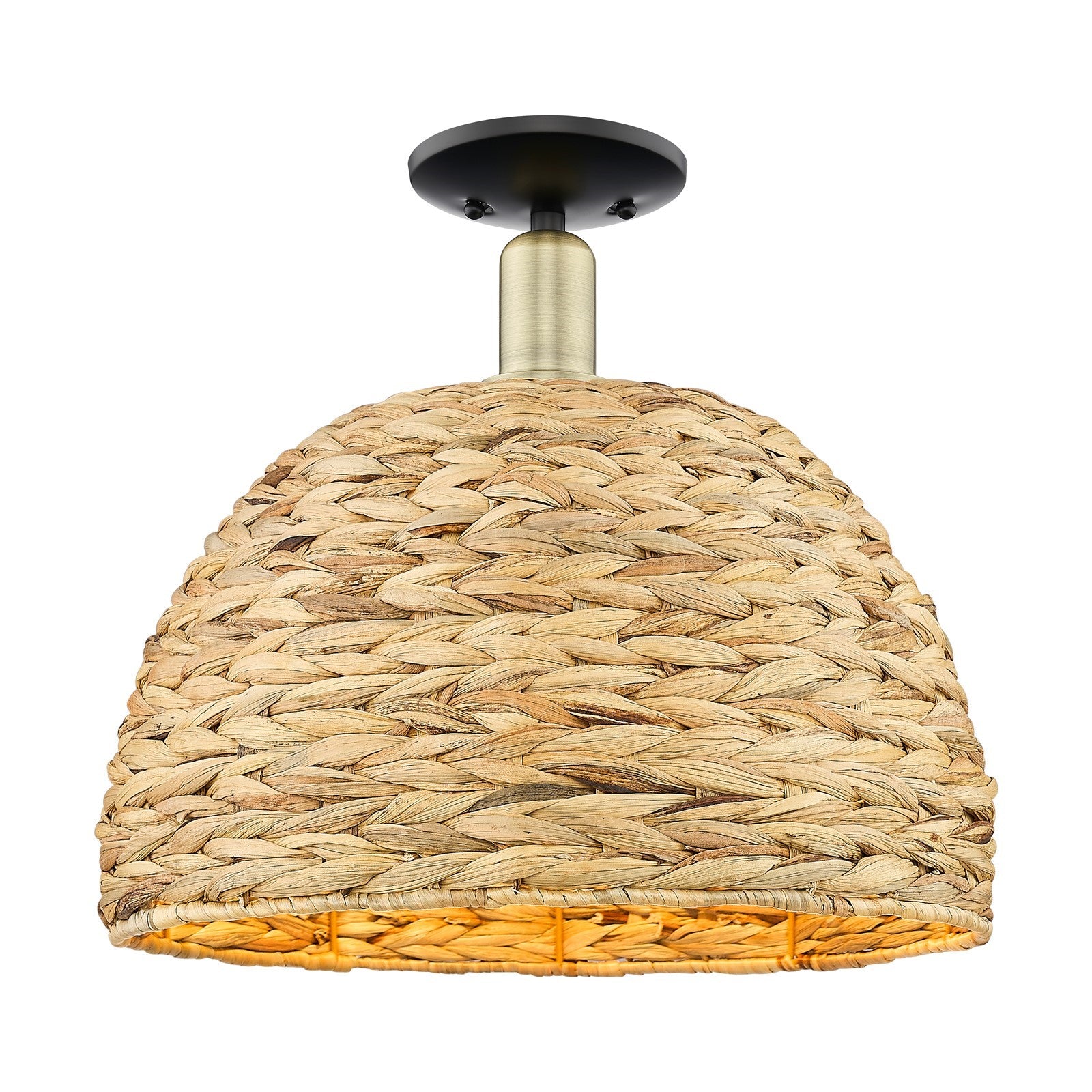 Innovations Woven Rattan 16in 1-Light Semi-Flush Mount | Industrial Black Antique Brass and Natural Rattan | Entryway & | Model 716-1C-BAB-RBD-16-NAT
