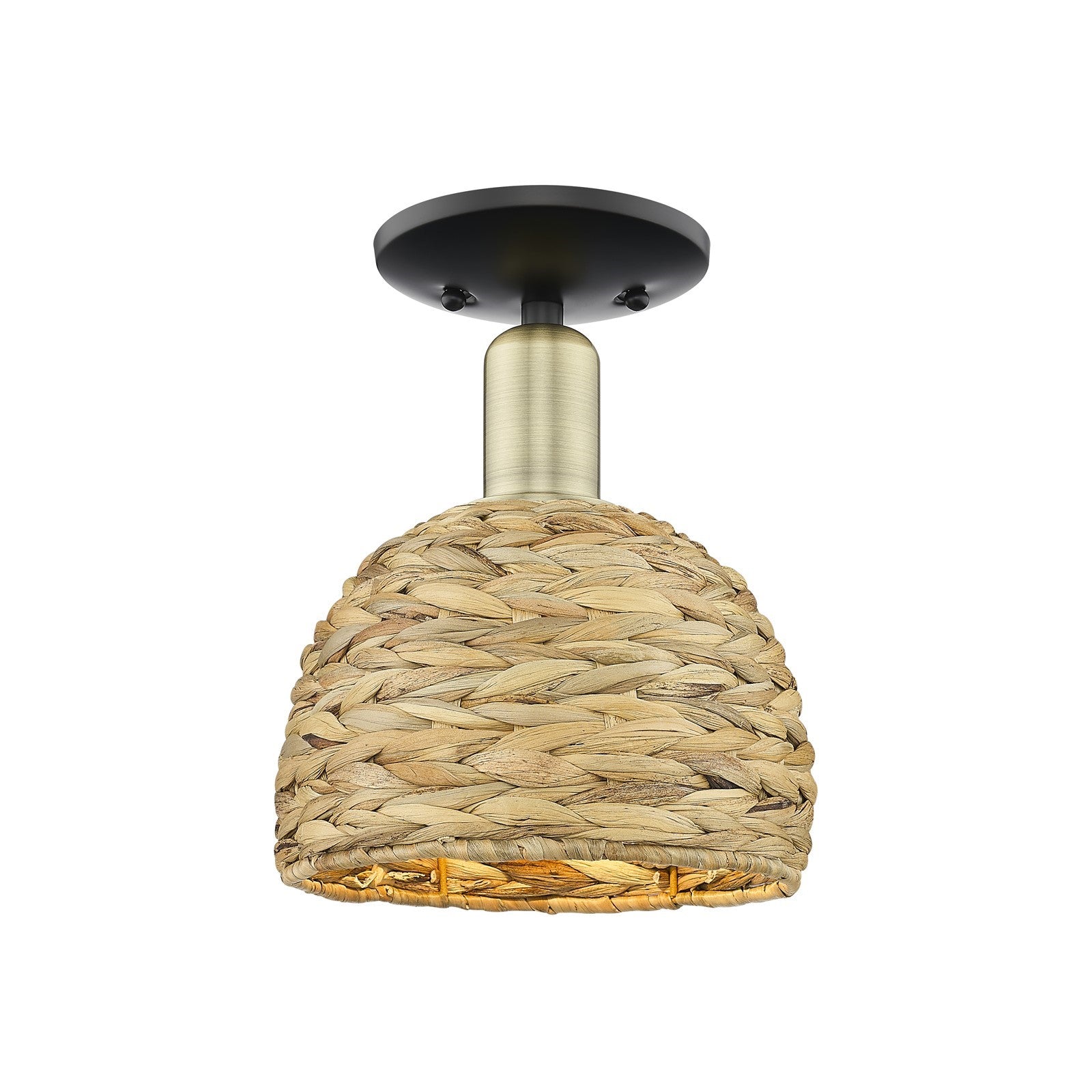 Innovations Woven Rattan 8in 1-Light Semi-Flush Mount | Rustic Black Antique Brass and Natural Woven Rattan | Entryway & | Model 716-1C-BAB-RBD-8-NAT