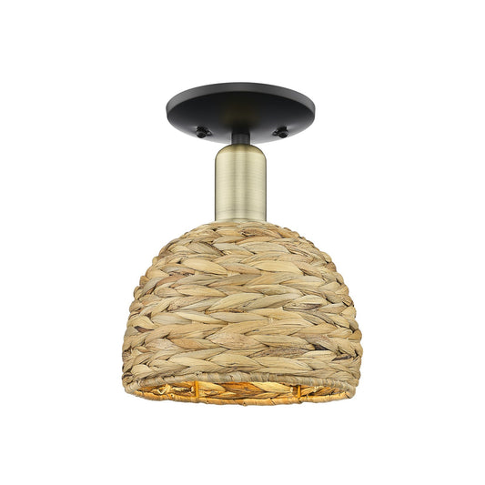Innovations Woven Rattan 8in 1-Light Semi-Flush Mount | Rustic Black Antique Brass and Natural Woven Rattan | Entryway & | Model 716-1C-BAB-RBD-8-NAT