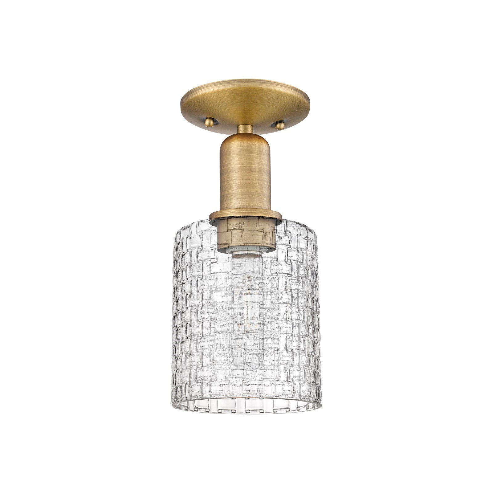 Innovations Cobbleskill 5in 1-Light Semi-Flush Mount | Industrial Brushed Brass Steel and Clear Basket Weave Glass | Model 716-1C-BB-G112C-5CL