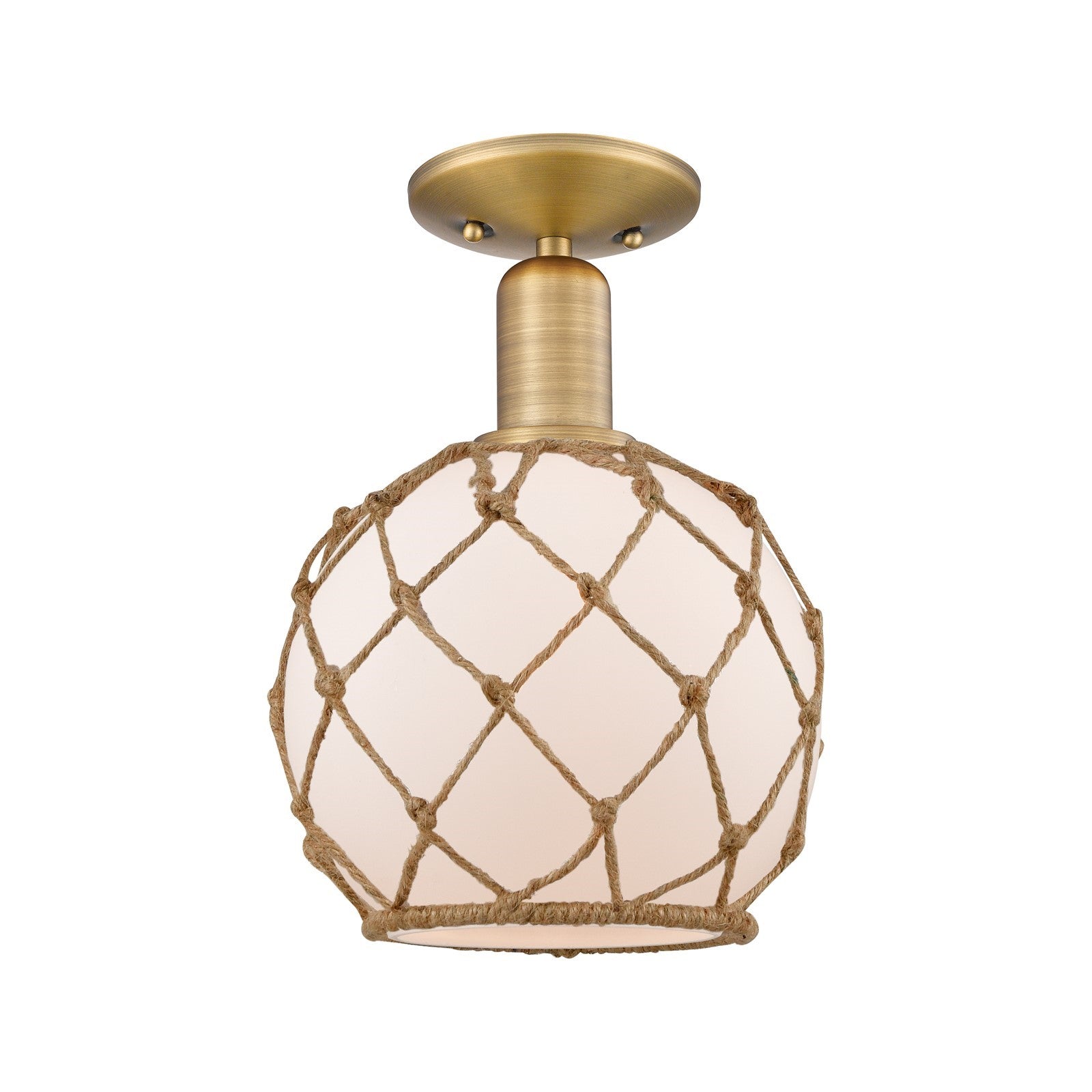 Innovations Farmhouse Rope 8in 1-Light Semi-Flush Mount | Industrial Brushed Brass and White Glass with Brown Rope | Entryway & | Model 716-1C-BB-G121-8RB