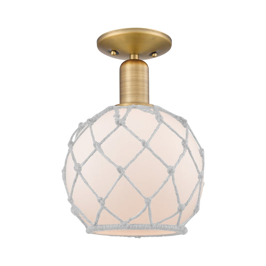 Innovations Farmhouse Rope 8in 1-Light Semi-Flush Mount | Industrial Brushed Brass and White Glass with Rope | Entryway & | Model 716-1C-BB-G121-8RW