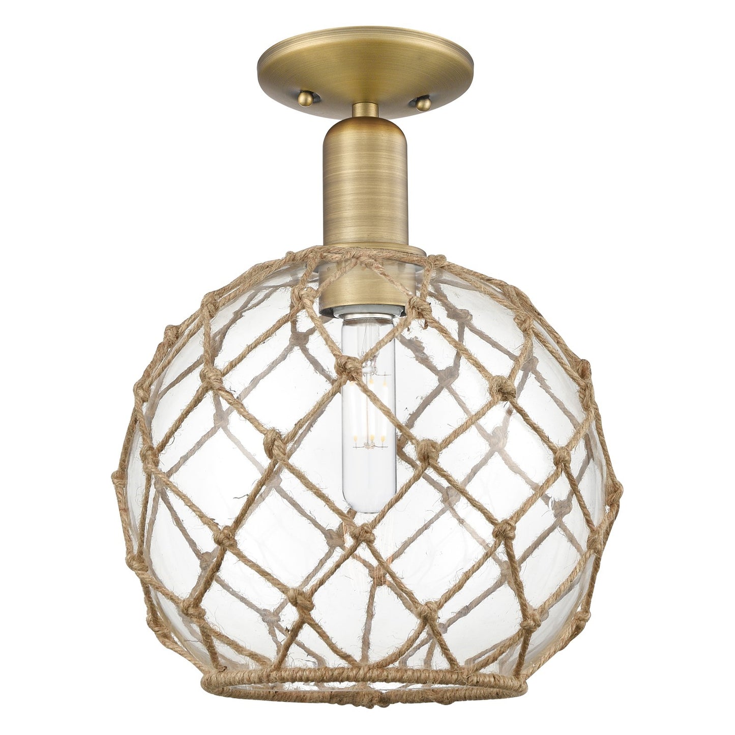 Innovations Farmhouse Rope 10in 1-Light Semi-Flush Mount | Industrial Brushed Brass Steel and Clear Glass with Brown Rope | Model 716-1C-BB-G122-10RB