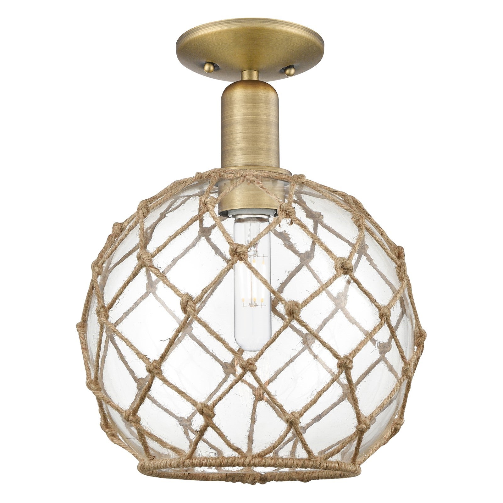 Innovations Farmhouse Rope 10in 1-Light Semi-Flush Mount | Industrial Brushed Brass Steel and Clear Glass with Brown Rope | Model 716-1C-BB-G122-10RB