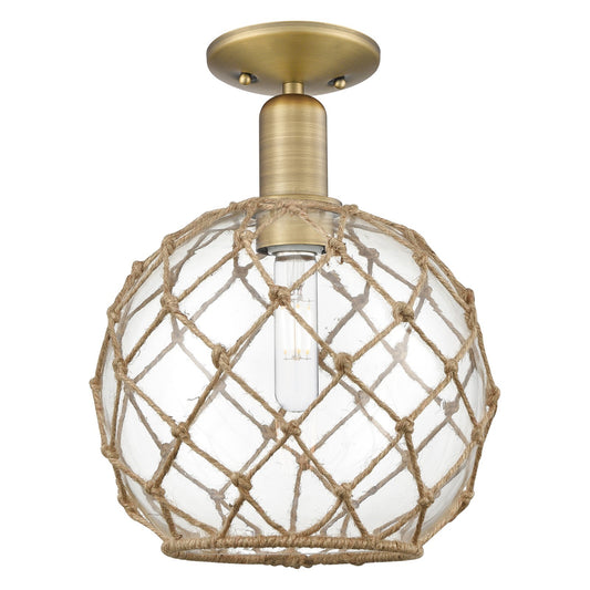 Innovations Farmhouse Rope 10in 1-Light Semi-Flush Mount | Industrial Brushed Brass Steel and Clear Glass with Brown Rope | Model 716-1C-BB-G122-10RB