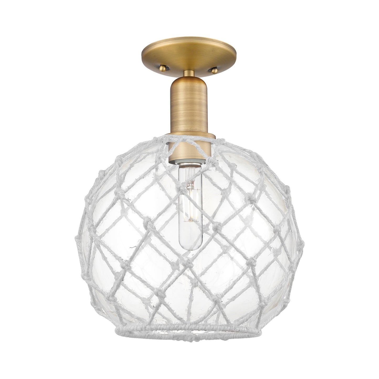 Innovations Farmhouse Rope 10in 1-Light Semi-Flush Mount | Industrial Brushed Brass Steel and Clear Glass with White Rope | Model 716-1C-BB-G122-10RW