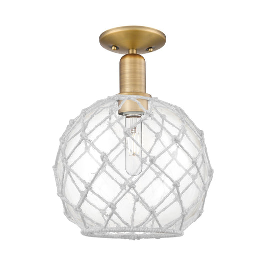 Innovations Farmhouse Rope 10in 1-Light Semi-Flush Mount | Industrial Brushed Brass Steel and Clear Glass with White Rope | Model 716-1C-BB-G122-10RW