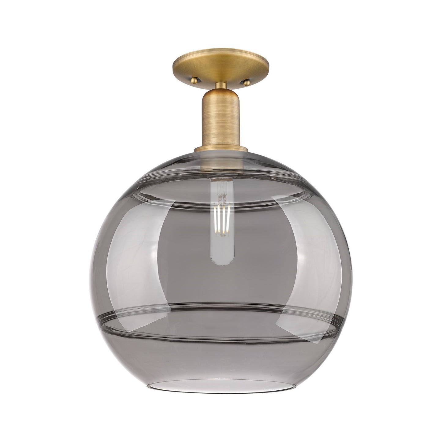 Innovations Rochester 12in 1-Light Semi-Flush Mount | Industrial Brushed Brass and Light Smoked Glass | Entryway & Hallway | Model 716-1C-BB-G556-12SM