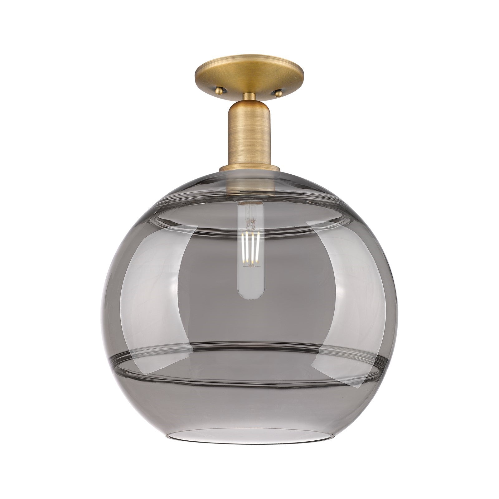 Innovations Rochester 12in 1-Light Semi-Flush Mount | Industrial Brushed Brass and Light Smoked Glass | Entryway & Hallway | Model 716-1C-BB-G556-12SM
