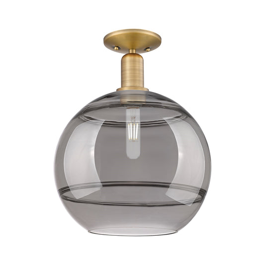 Innovations Rochester 12in 1-Light Semi-Flush Mount | Industrial Brushed Brass and Light Smoked Glass | Entryway & Hallway | Model 716-1C-BB-G556-12SM
