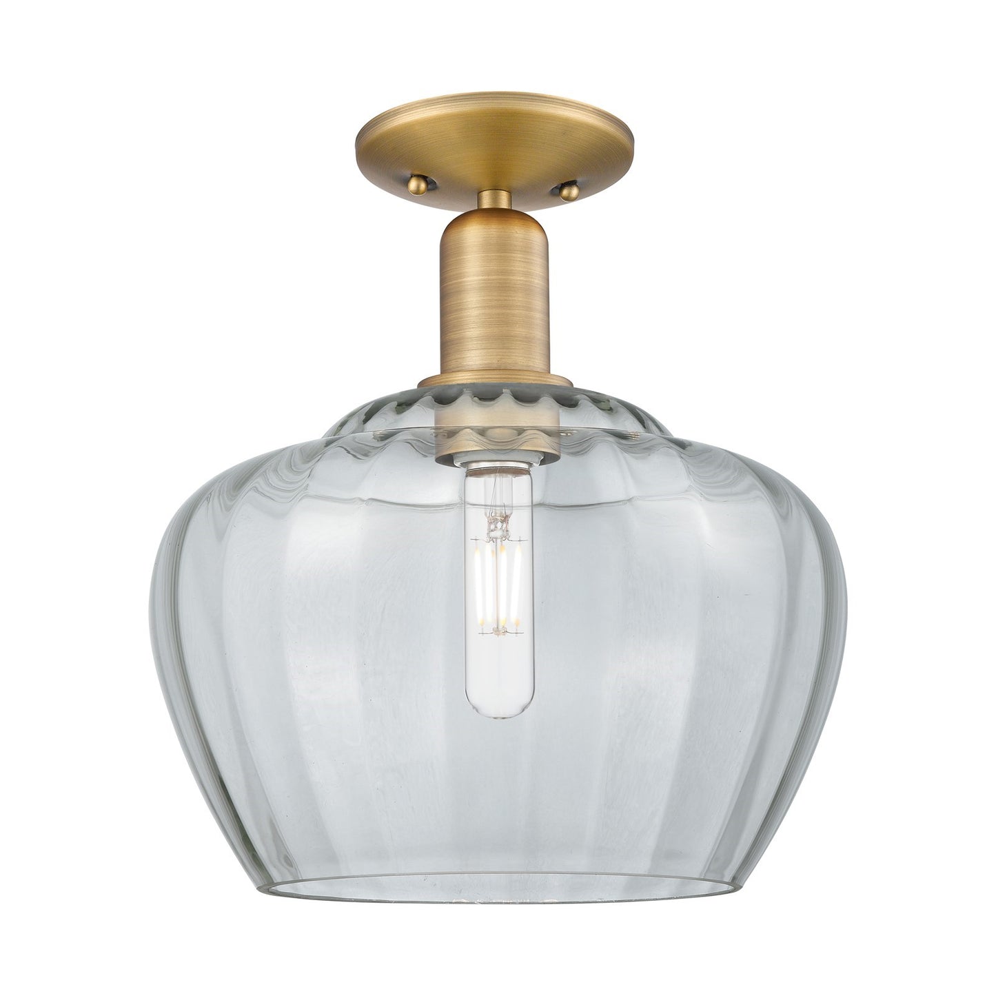 Innovations Fenton 11in 1-Light Semi-Flush Mount | Industrial Brushed Brass Steel and Clear Ribbed Glass | Entryway & Hallway | 11 | Model 716-1C-BB-G92-L