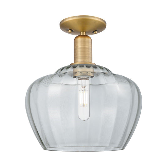 Innovations Fenton 11in 1-Light Semi-Flush Mount | Industrial Brushed Brass Steel and Clear Ribbed Glass | Entryway & Hallway | 11 | Model 716-1C-BB-G92-L